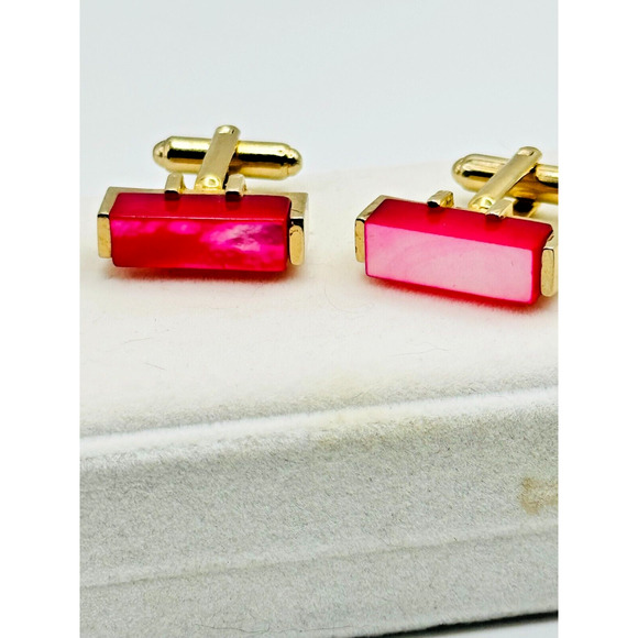 Vintage Gold Tone Glass Stone Red/Pink Rectangle Cufflinks Markers Mark "S" - Picture 3 of 7